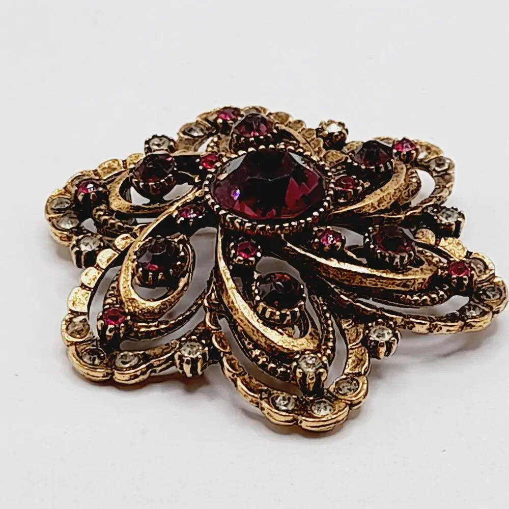 Vintage ART Arthur Pepper Rhinestone Brooch Purple Pink Clear Floral Design